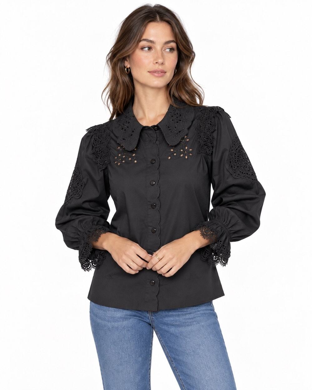 Never Fully Dressed Sicily Black Broderie Lace Cotton Blouse Shirt Medium